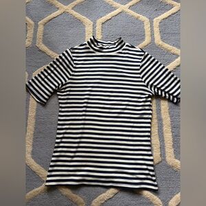 Madewell Navy and White Striped Mock Neck short sleeve Top